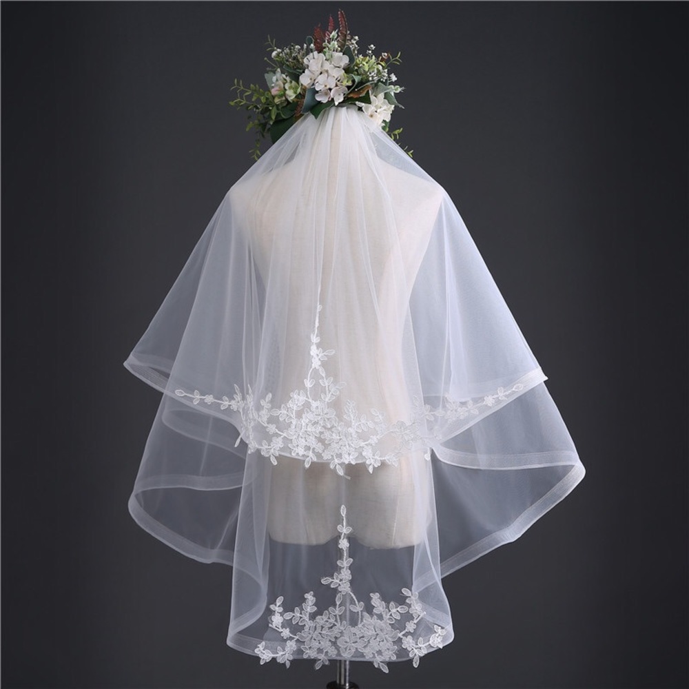 Two-Tier White Bridal Veil with Lace Applique